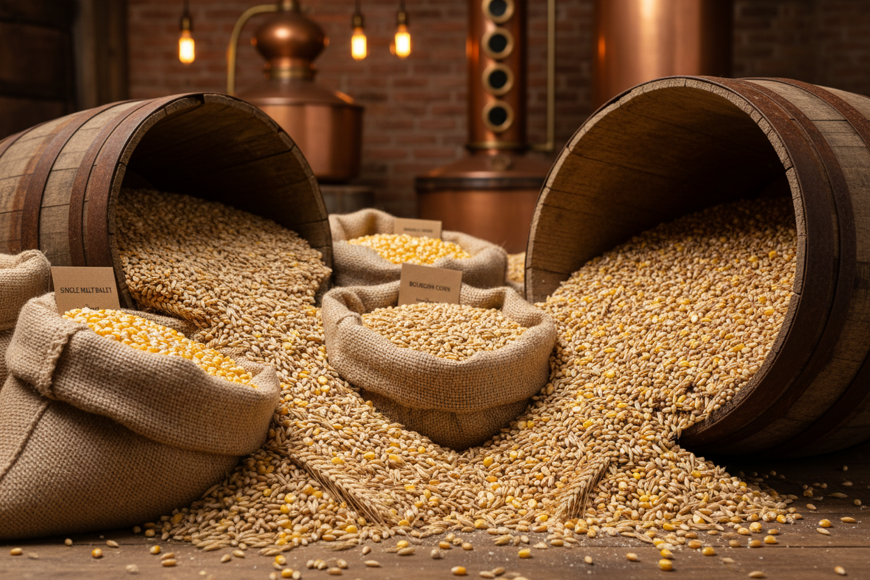 picture of a lot of grain and corn used at a distillery